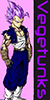Vegetunks, the fusion of Vegeta and Trunks, wearing a stylish navy, paper bag brown, and white outfit.