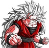 Son Goku with long grey hair and pure red eyes, dressed in a red black/outfit.