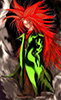 SSj8 Trunks with wild red hair and a green cloak.